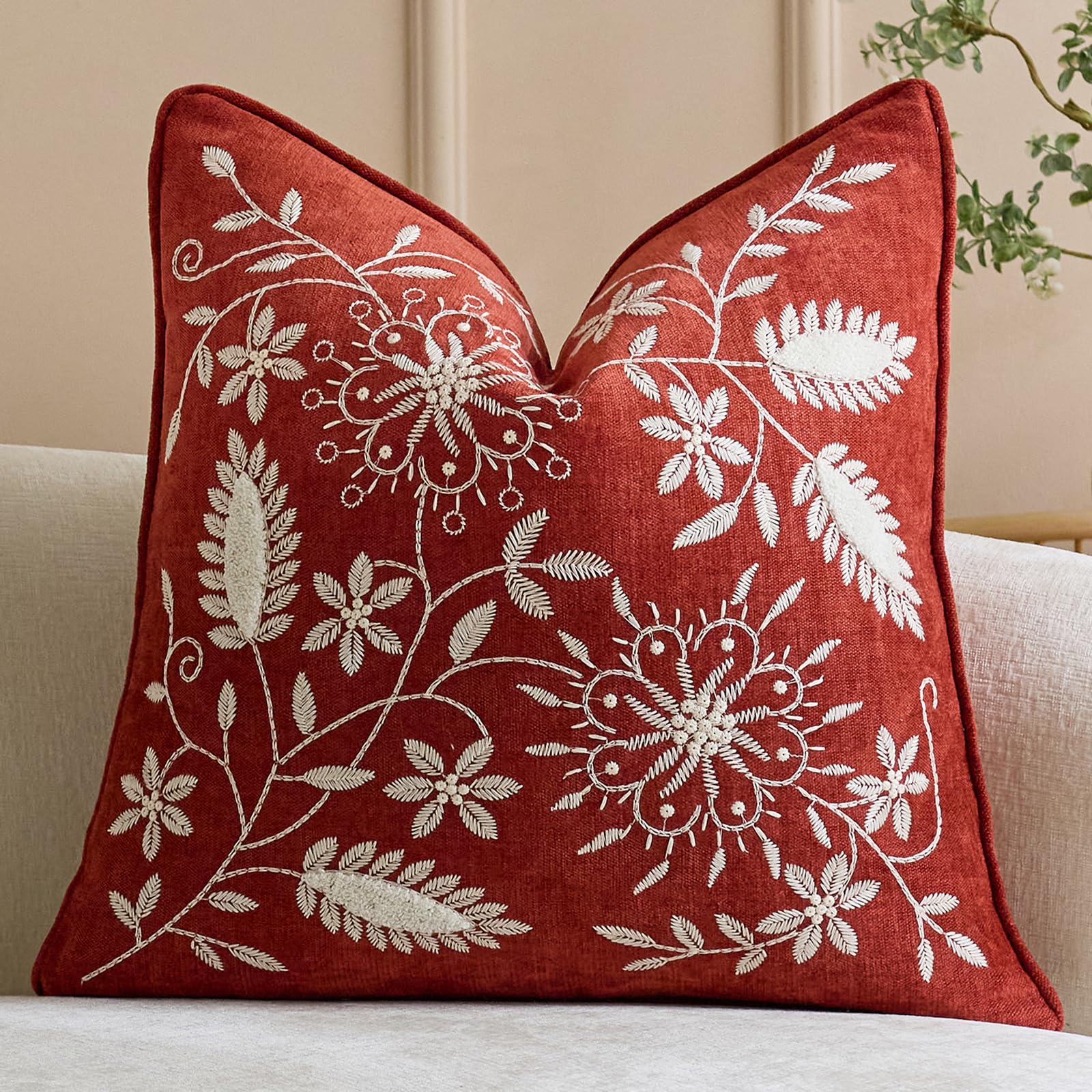 Floral Embroidered Chenille Pillow Covers, Set of 2 — Terracotta