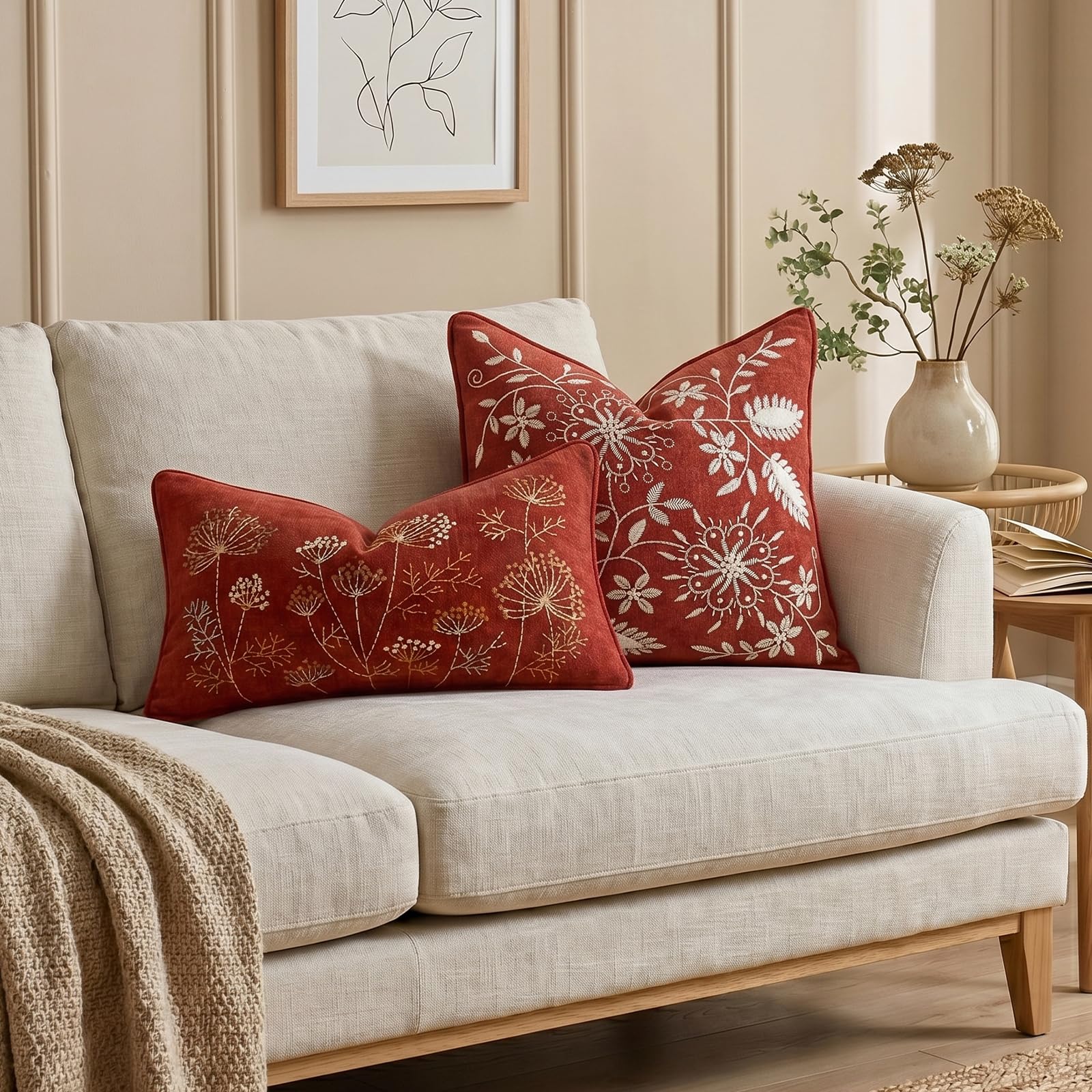 Floral Embroidered Chenille Pillow Covers, Set of 2 — Terracotta