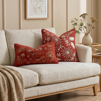 Floral Embroidered Chenille Pillow Covers, Set of 2 — Terracotta