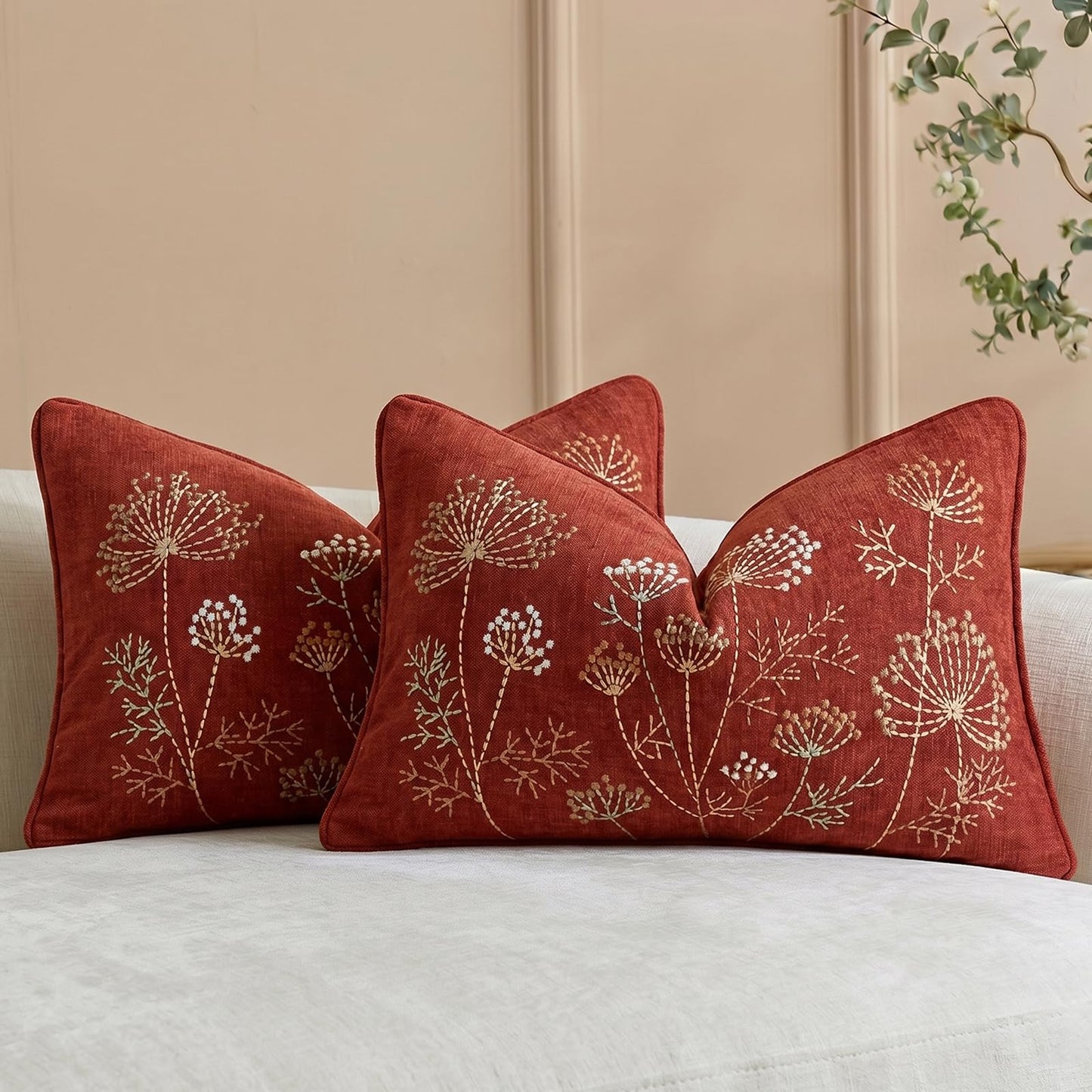 Floral Embroidered Chenille Pillow Covers, Set of 2 — Terracotta