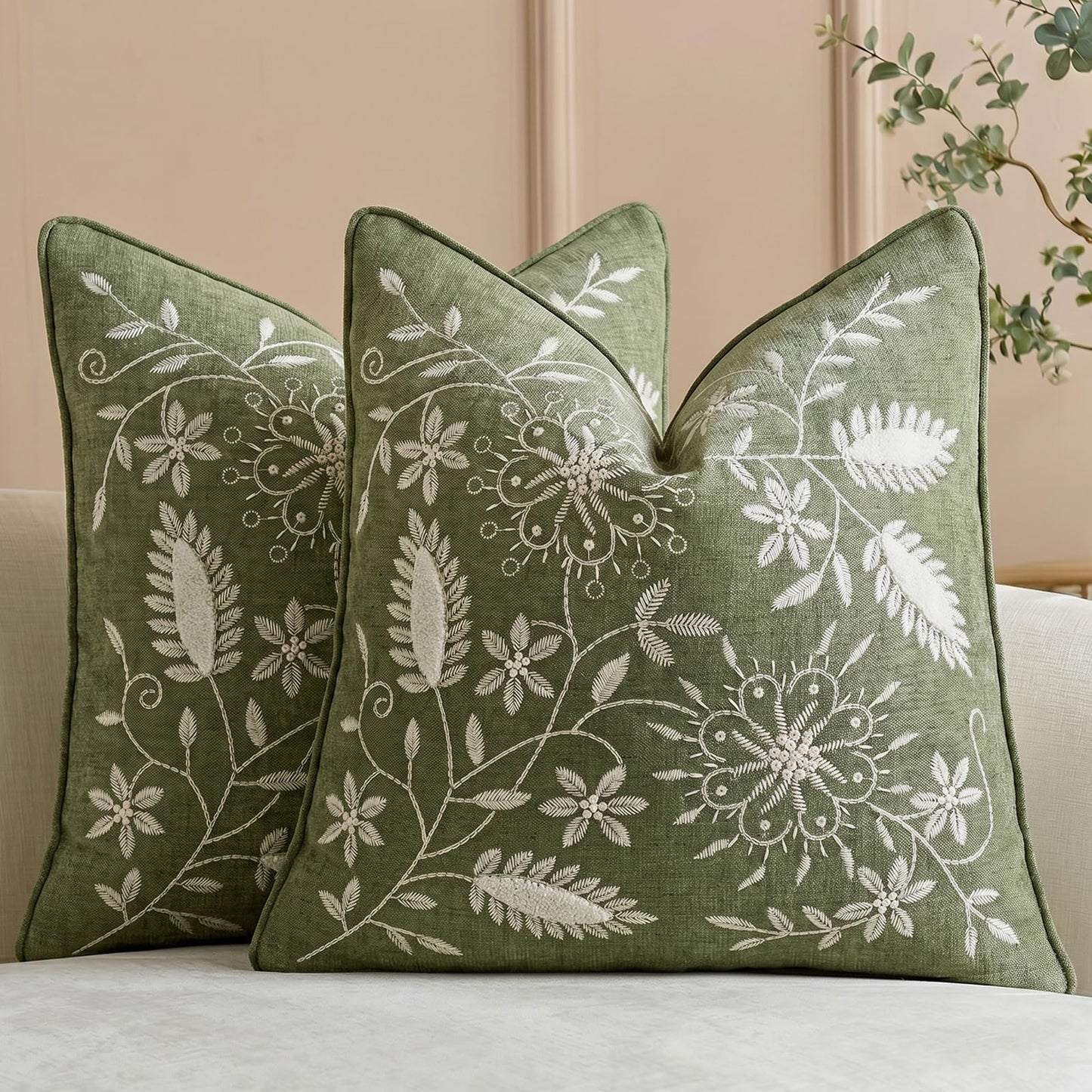 Floral Embroidered Chenille Pillow Covers, Set of 2 — Sage Green