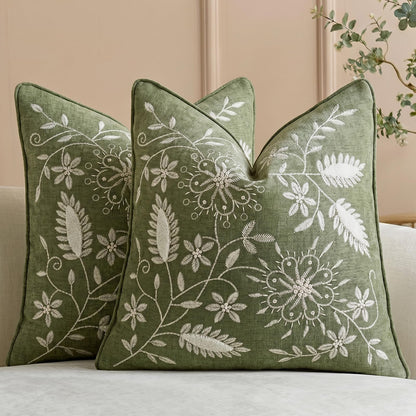 Floral Embroidered Chenille Pillow Covers, Set of 2 — Sage Green