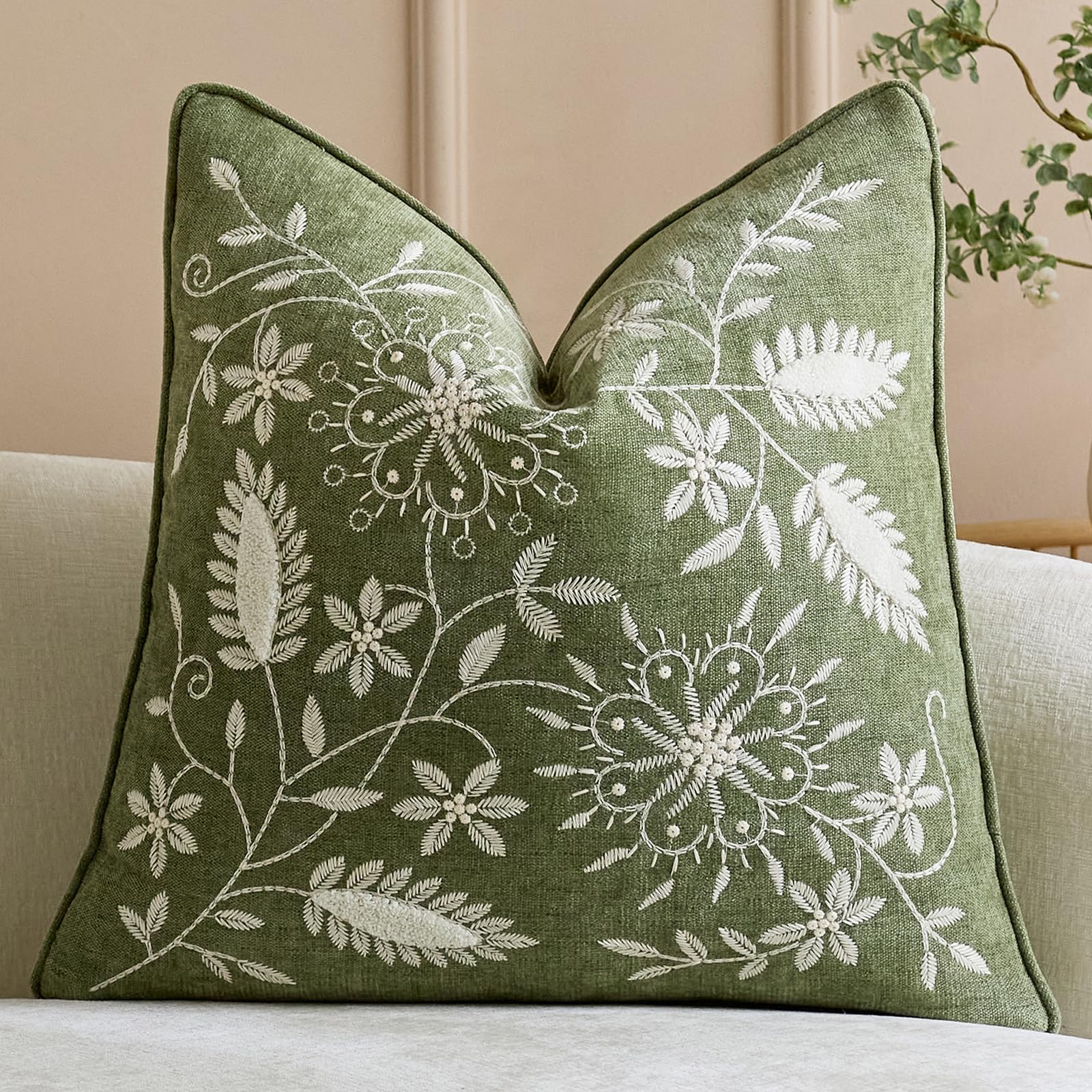 Floral Embroidered Chenille Pillow Covers, Set of 2 — Sage Green