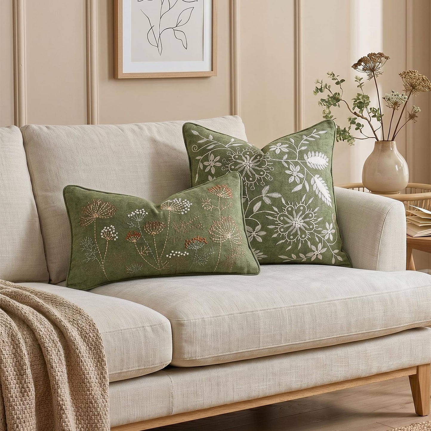 Floral Embroidered Chenille Pillow Covers, Set of 2 — Sage Green