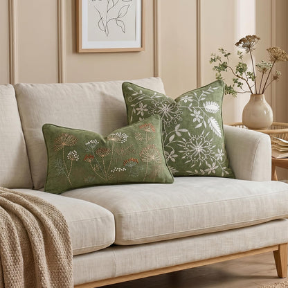 Floral Embroidered Chenille Pillow Covers, Set of 2 — Sage Green