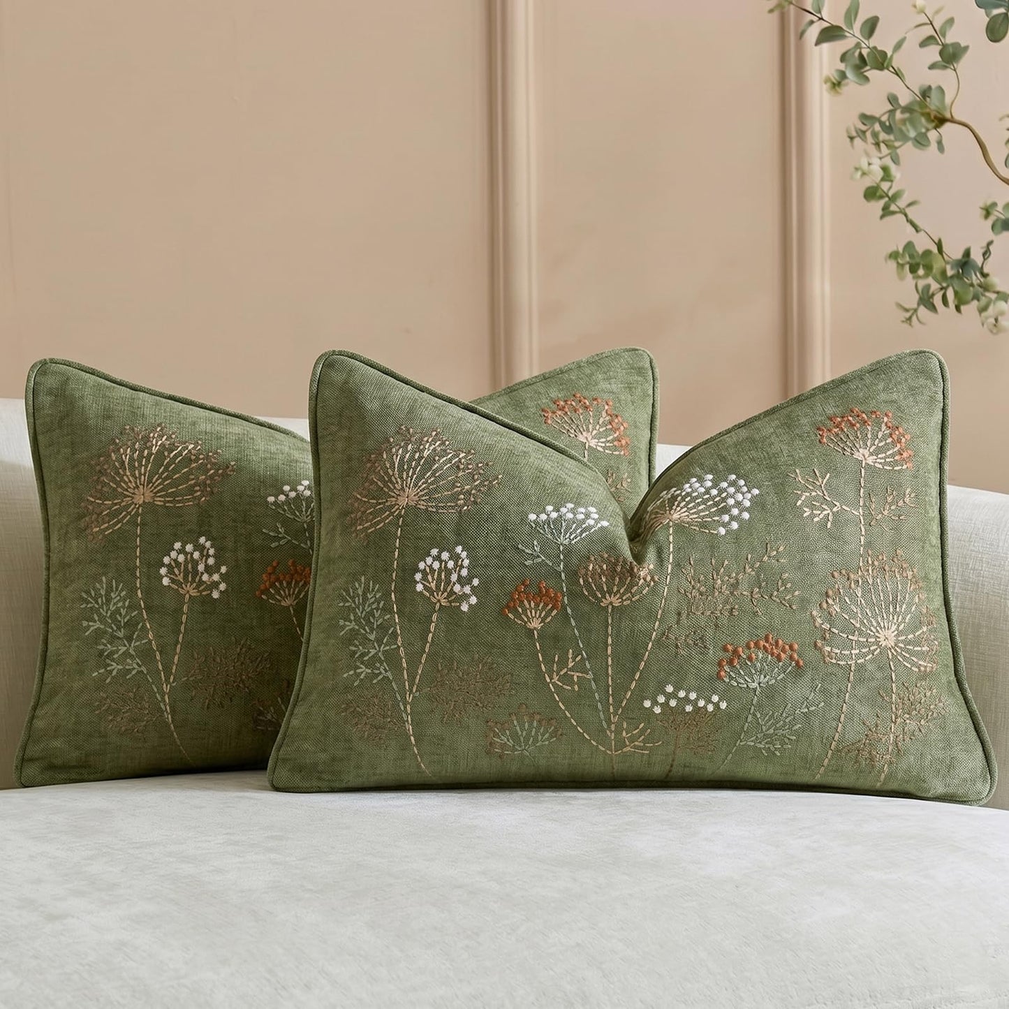 Floral Embroidered Chenille Pillow Covers, Set of 2 — Sage Green