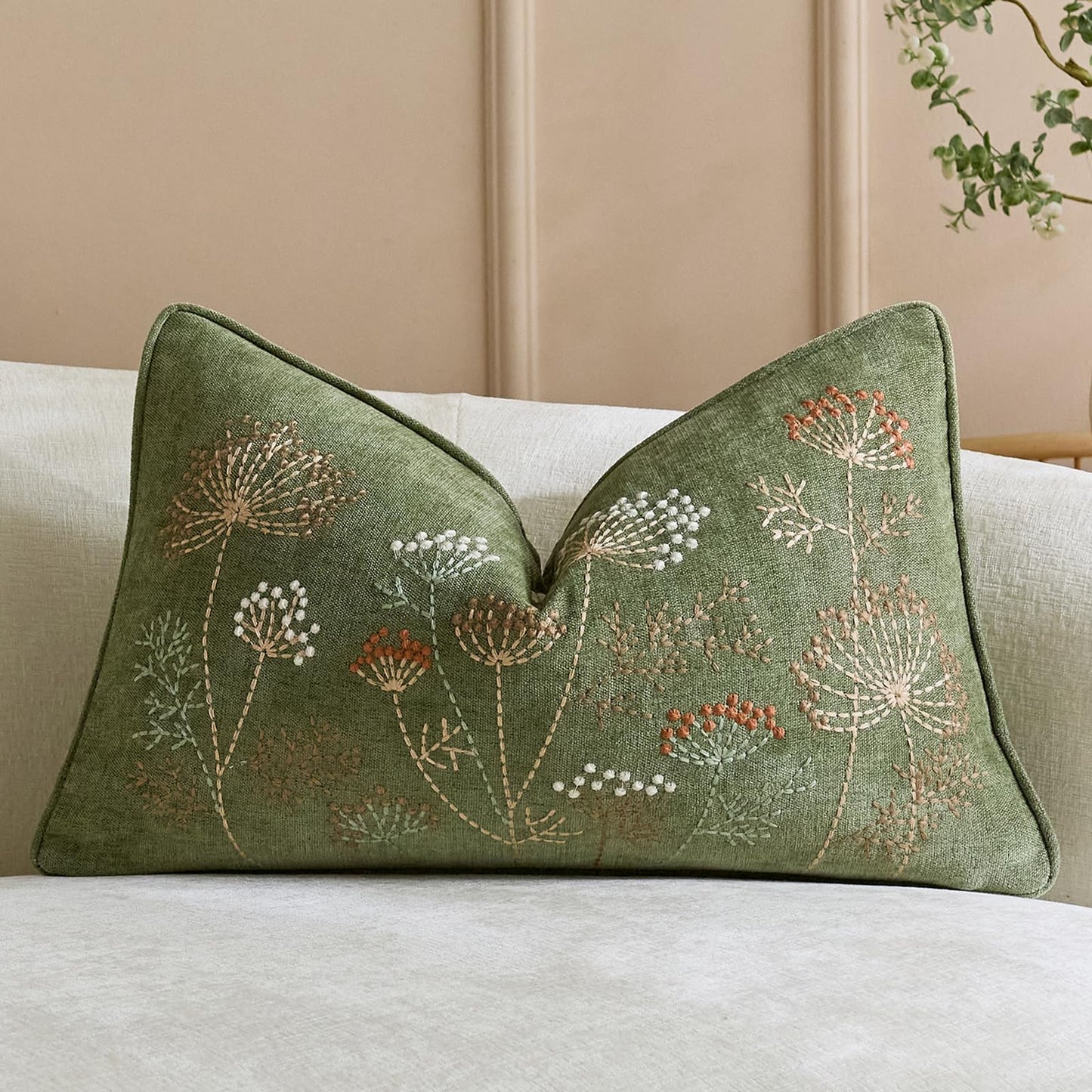 Floral Embroidered Chenille Pillow Covers, Set of 2 — Sage Green