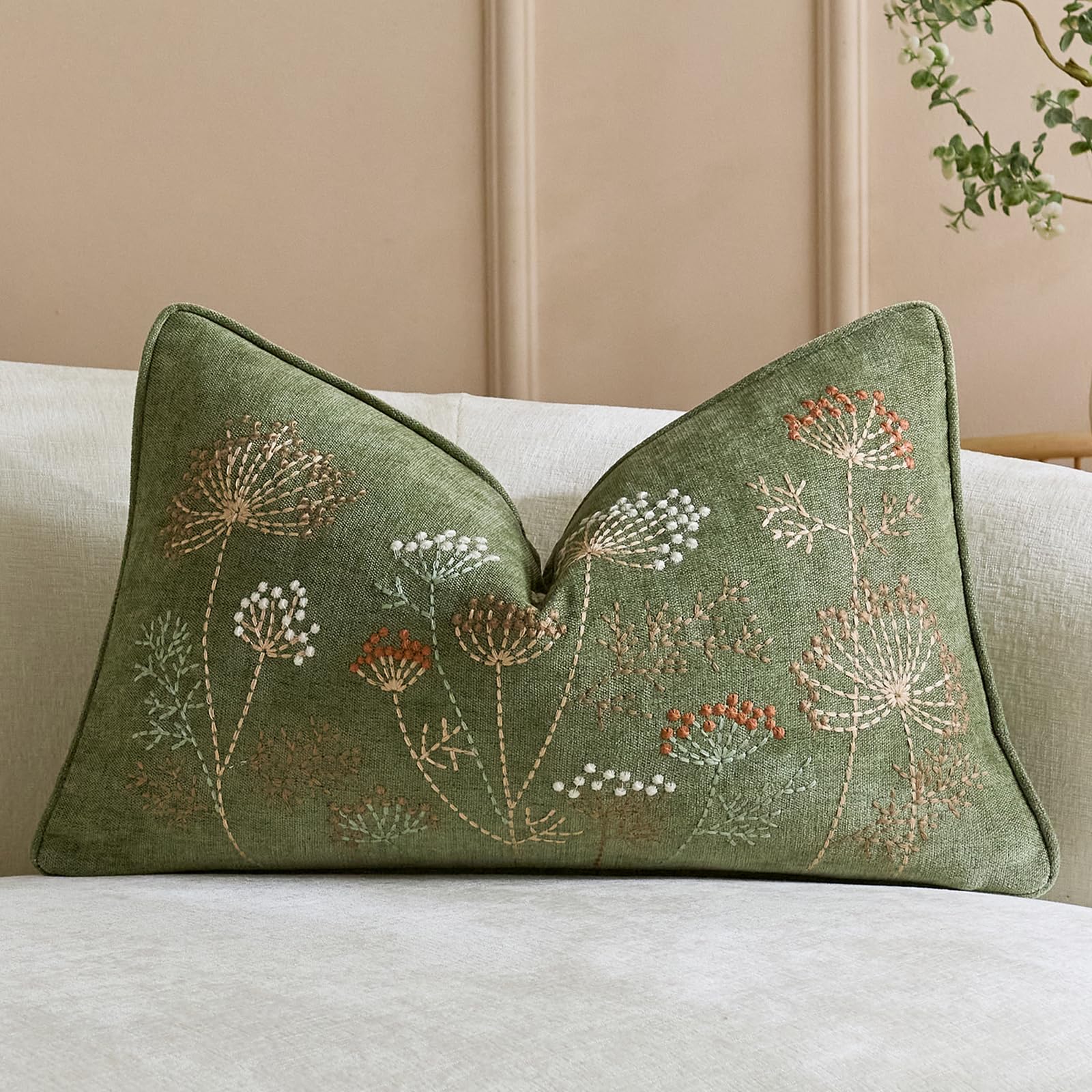 Floral Embroidered Chenille Pillow Covers, Set of 2 — Sage Green
