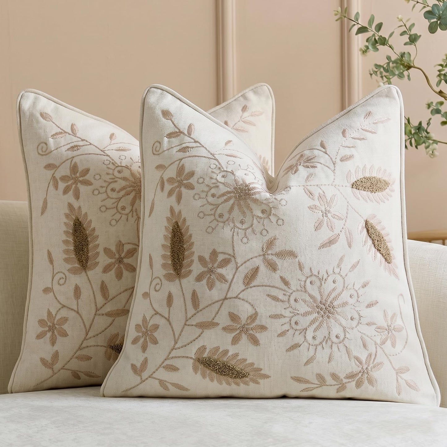 Floral Embroidered Chenille Pillow Covers, Set of 2 — Beige