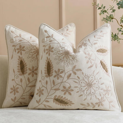 Floral Embroidered Chenille Pillow Covers, Set of 2 — Beige