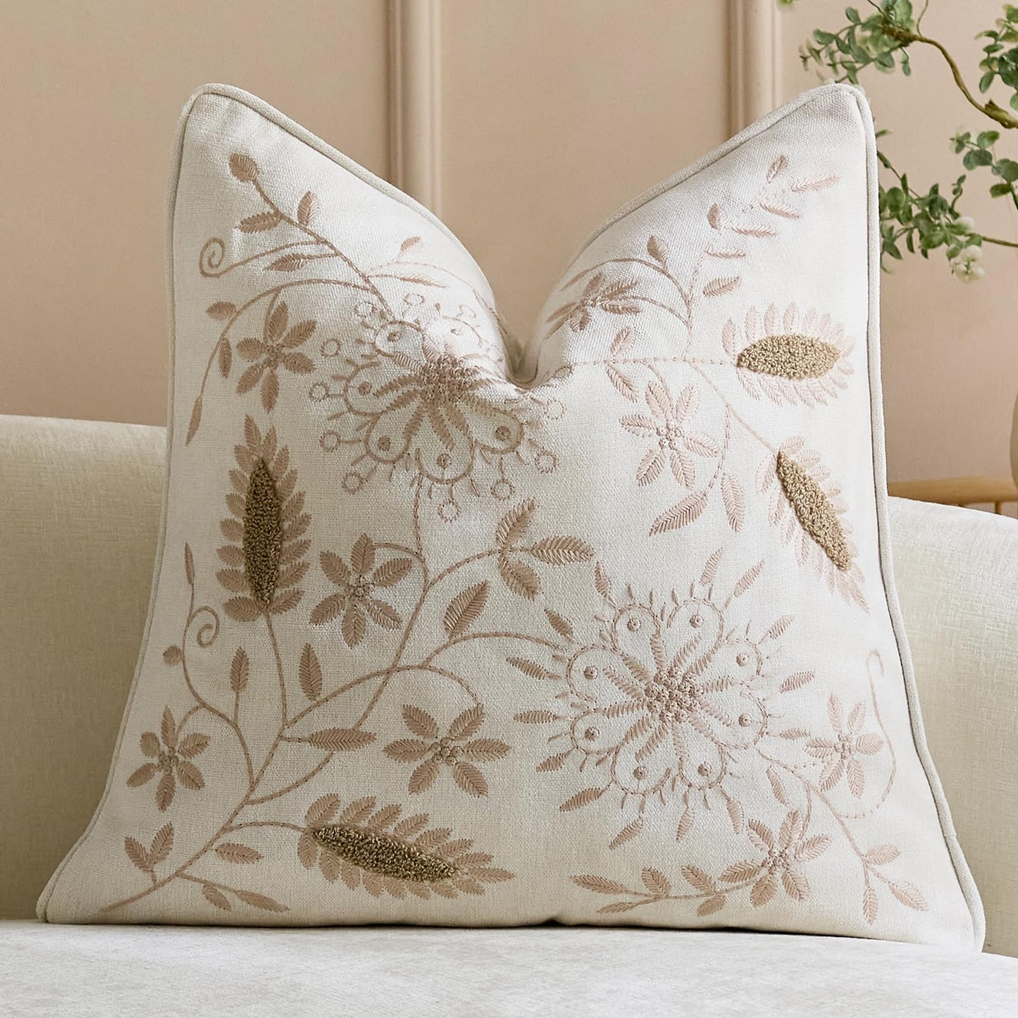 Floral Embroidered Chenille Pillow Covers, Set of 2 — Beige