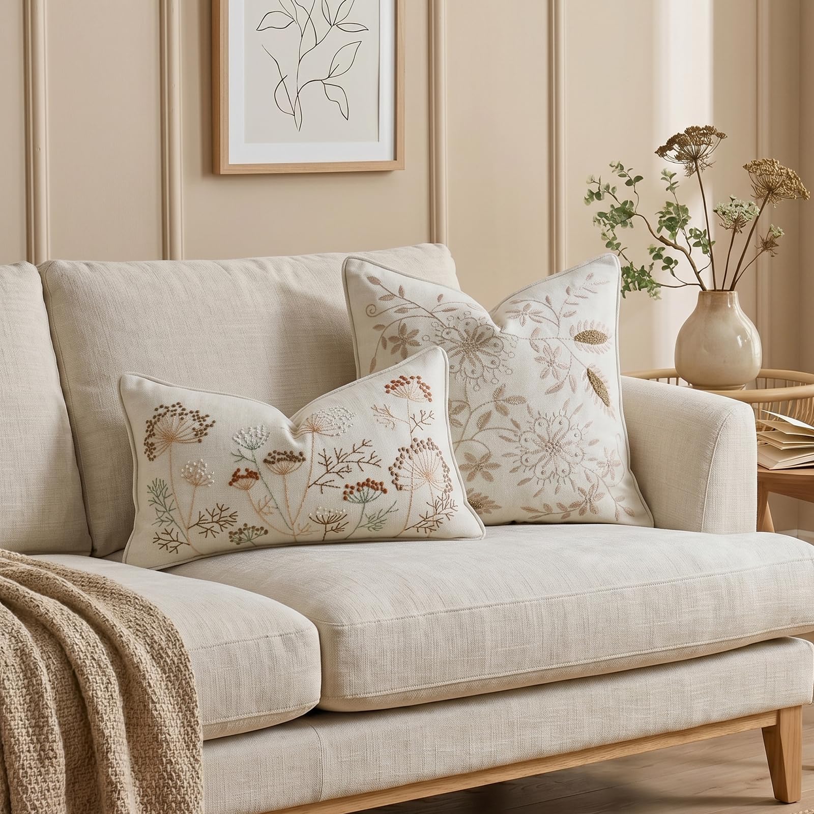Floral Embroidered Chenille Pillow Covers, Set of 2 — Beige