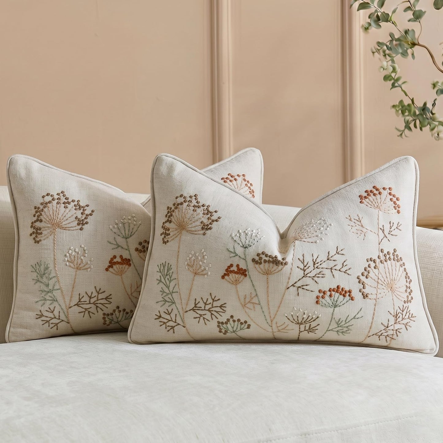Floral Embroidered Chenille Pillow Covers, Set of 2 — Beige