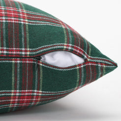 Green and red tartan woven polyester-cotton blend pillow covers, hidden zipper close-up