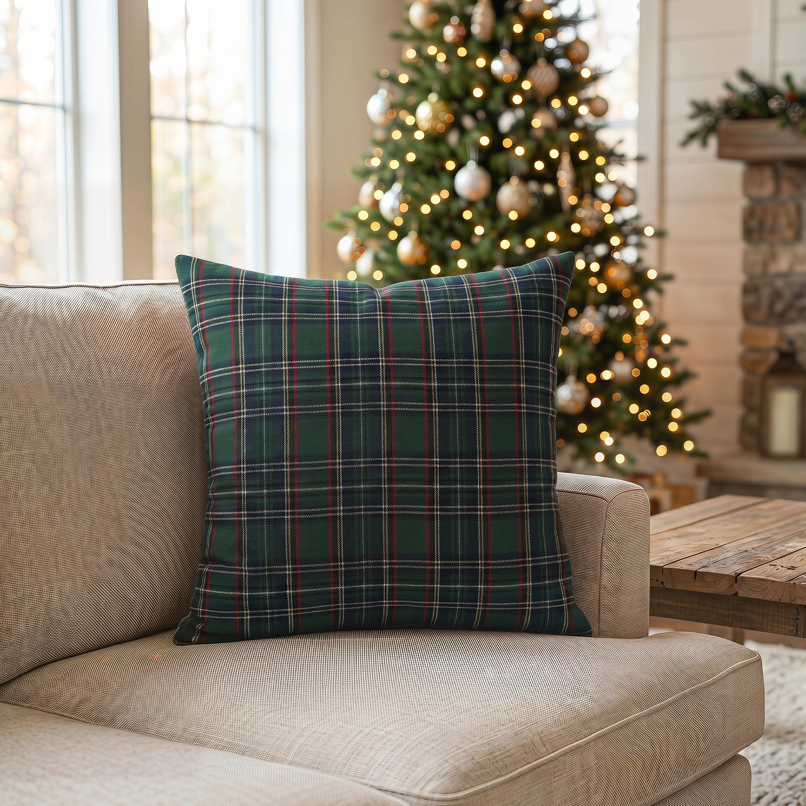 Christmas Tartan Plaid Pillow Covers, Set of 2 — Green Blue Plaid
