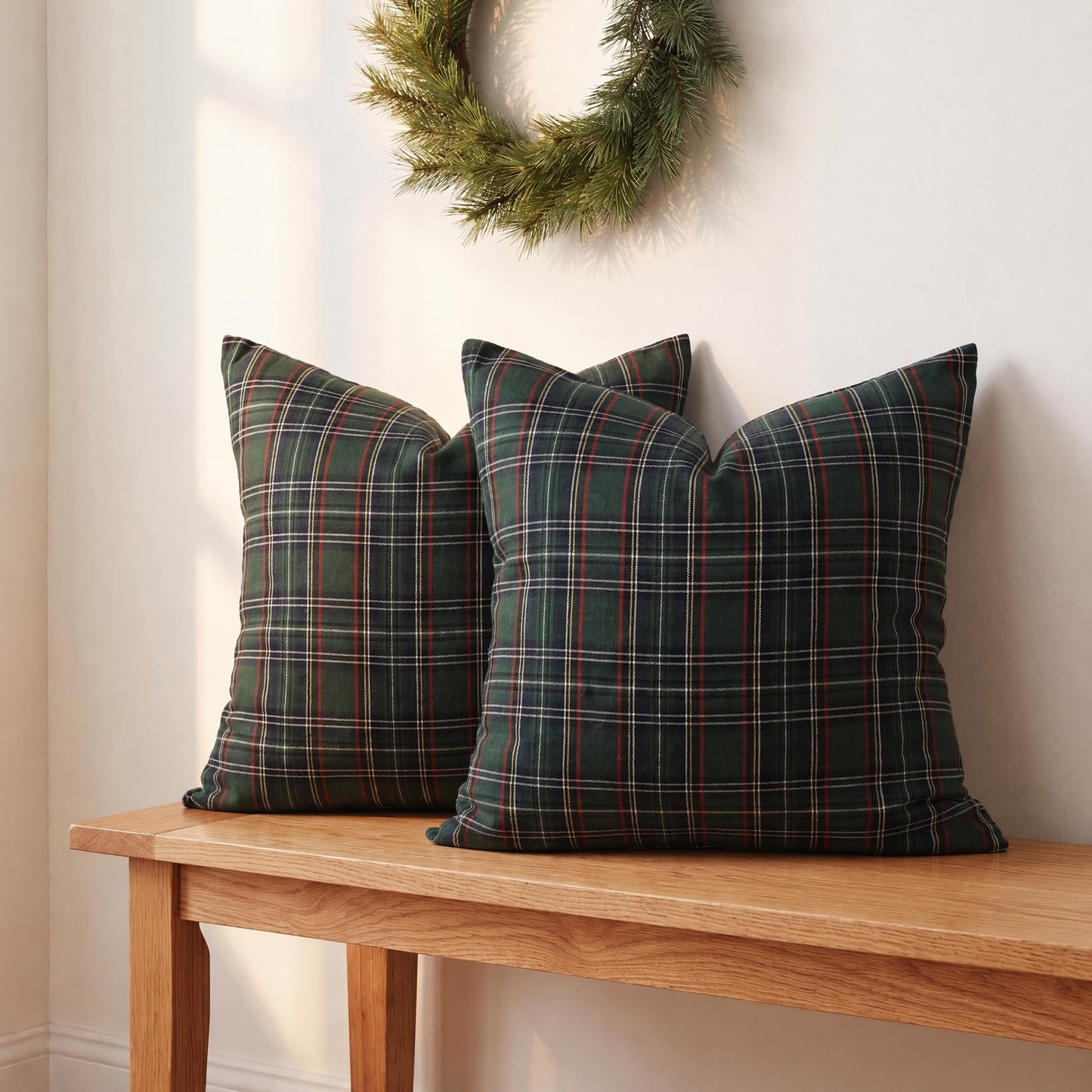 Christmas Tartan Plaid Pillow Covers, Set of 2 — Green Blue Plaid