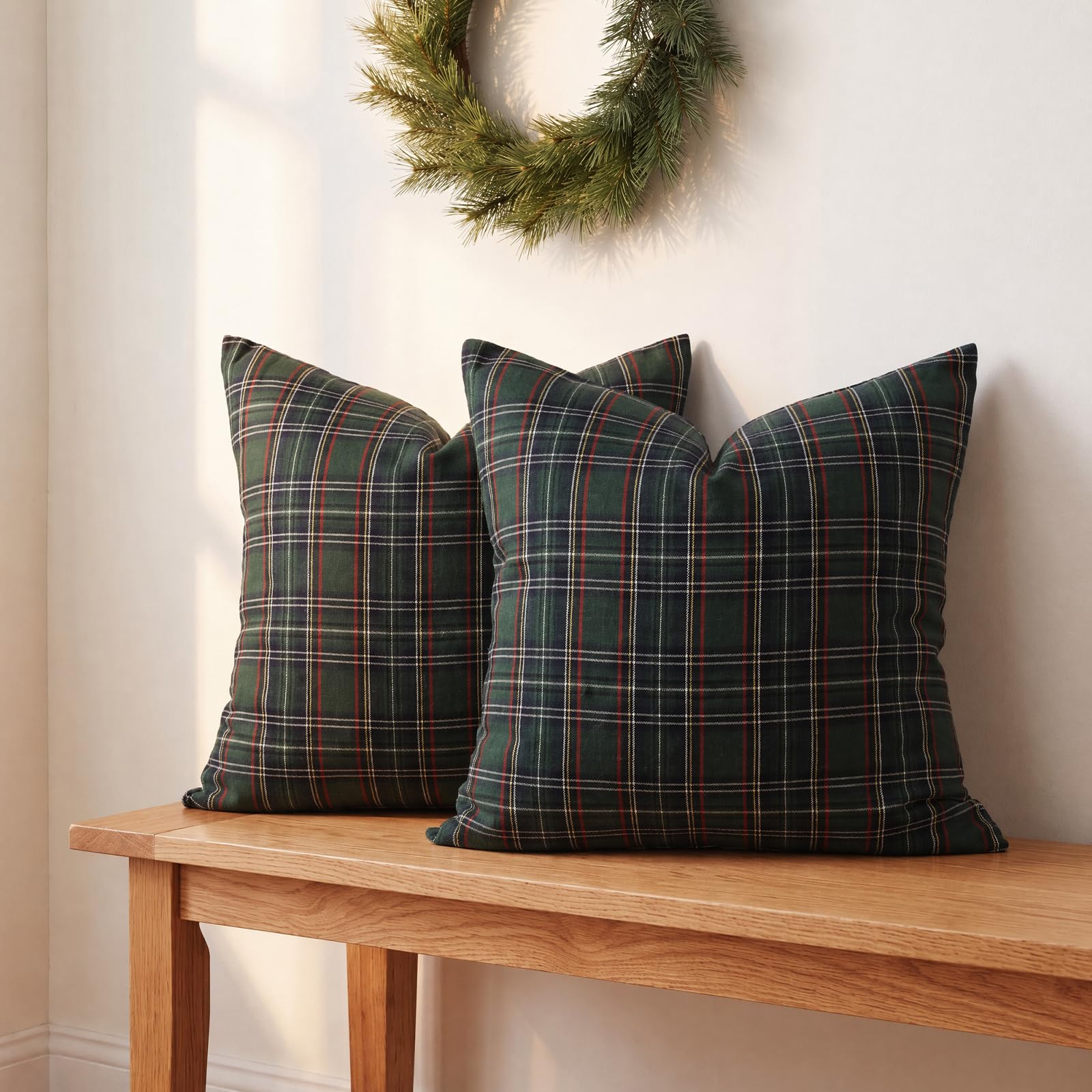 Christmas Tartan Plaid Pillow Covers, Set of 2 — Green Blue Plaid