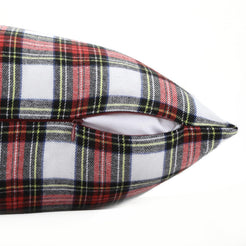 White, red and green tartan woven polyester-cotton blend pillow covers, hidden zipper close-up