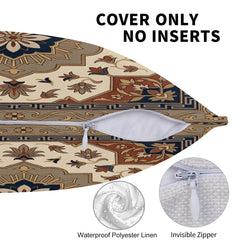 Zipper and fabric detail on water-resistant linen-look polyester outdoor pillow cover with brown and cream floral medallion