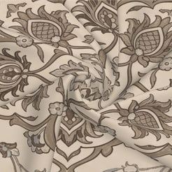 Fabric close-up of water-resistant linen-look polyester outdoor pillow cover with taupe floral medallion