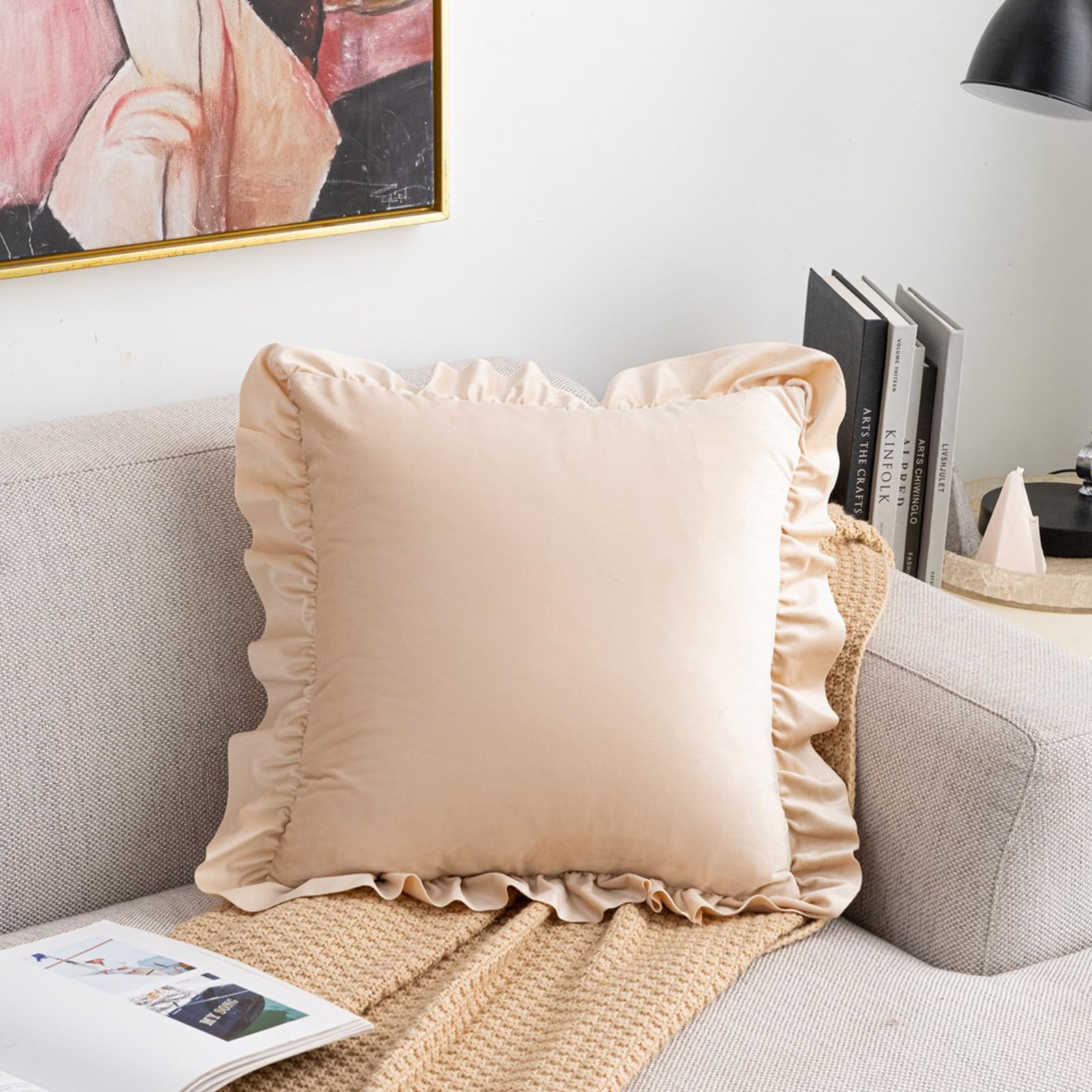 Ruffled Velvet Pillow Covers, Set of 2 — Apricot Beige