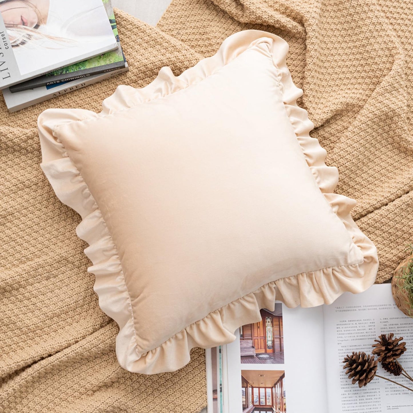 Ruffled Velvet Pillow Covers, Set of 2 — Apricot Beige