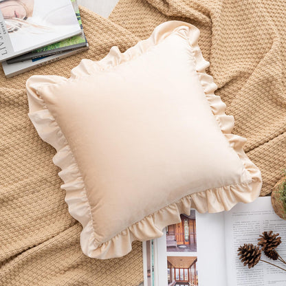 Ruffled Velvet Pillow Covers, Set of 2 — Apricot Beige