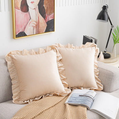 Ruffled Velvet Pillow Covers, Set of 2 — Apricot Beige