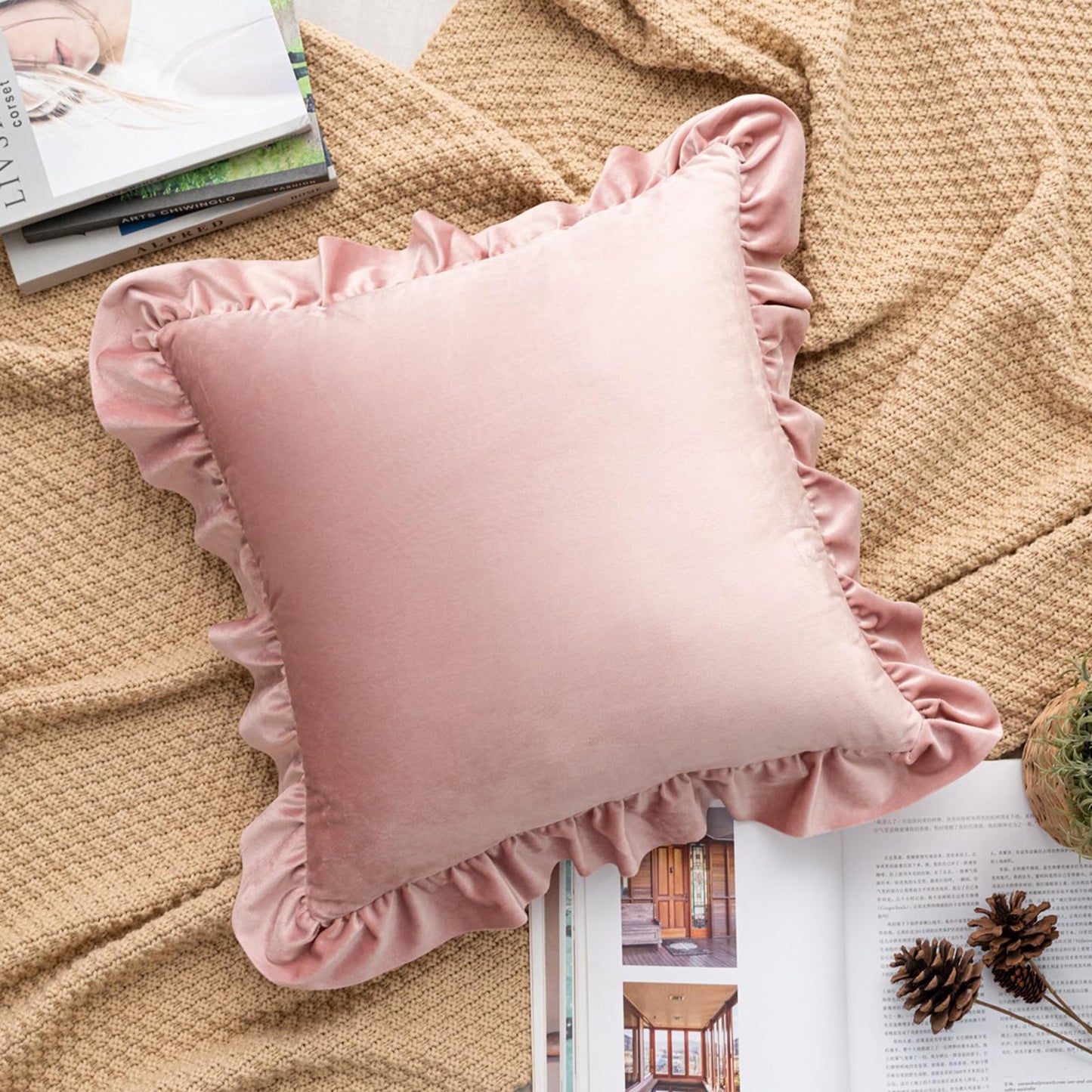 Ruffled Velvet Pillow Covers, Set of 2 — Dusty Rose