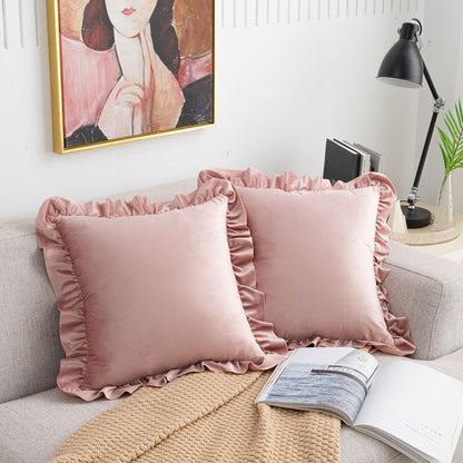 Ruffled Velvet Pillow Covers, Set of 2 — Dusty Rose