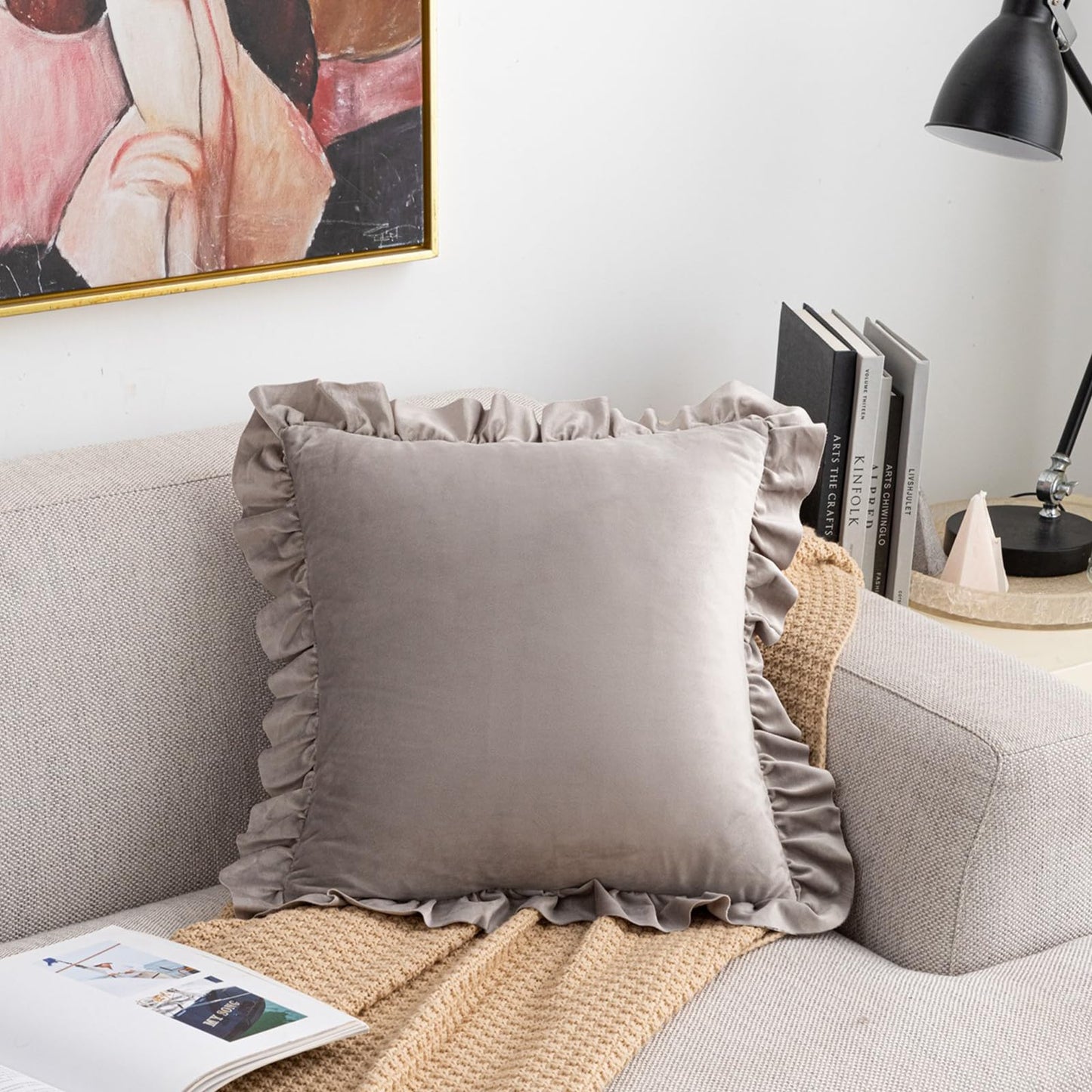 Ruffled Velvet Pillow Covers, Set of 2 — Taupe