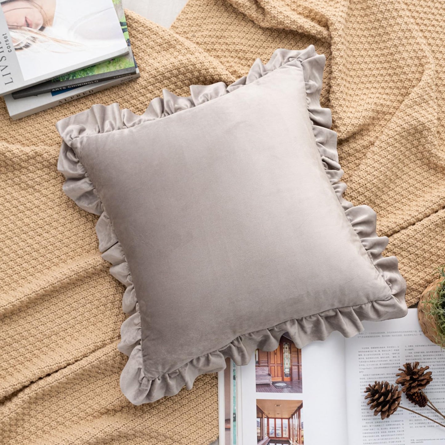 Ruffled Velvet Pillow Covers, Set of 2 — Taupe