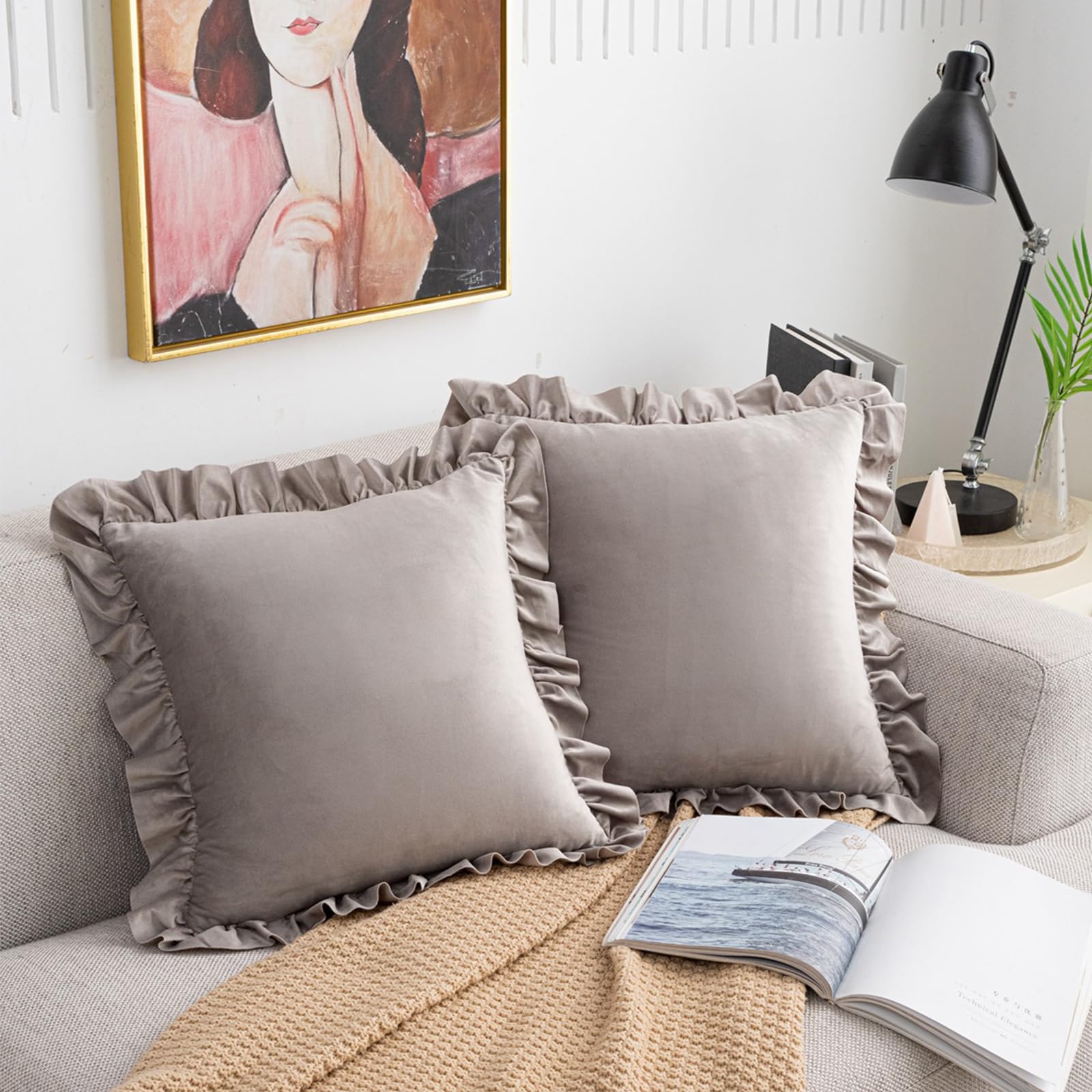 Ruffled Velvet Pillow Covers, Set of 2 — Taupe