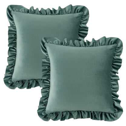 Ruffled Velvet Pillow Covers, Set of 2 — Dusty Green