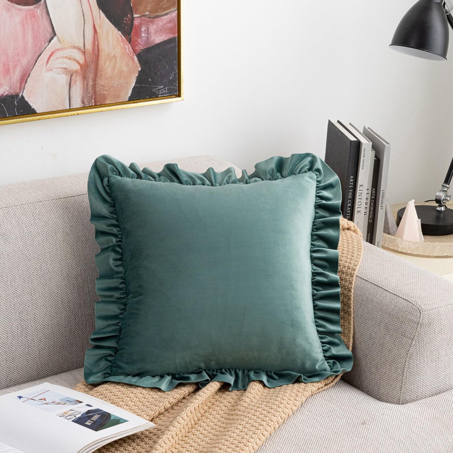 Ruffled Velvet Pillow Covers, Set of 2 — Dusty Green