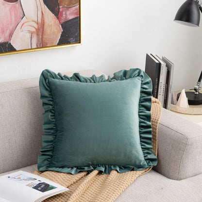 Ruffled Velvet Pillow Covers, Set of 2 — Dusty Green