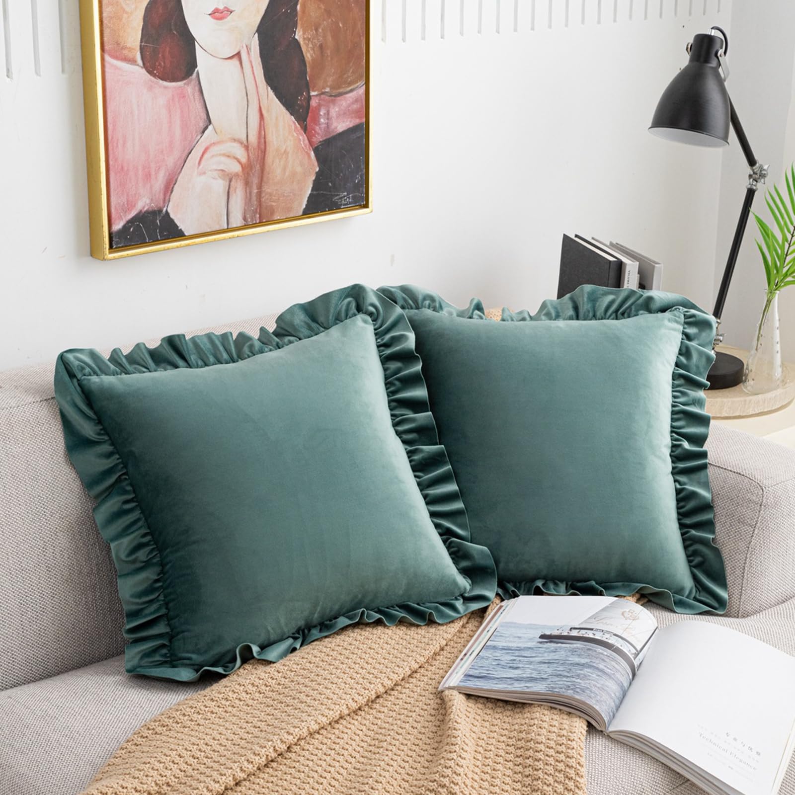 Ruffled Velvet Pillow Covers, Set of 2 — Dusty Green