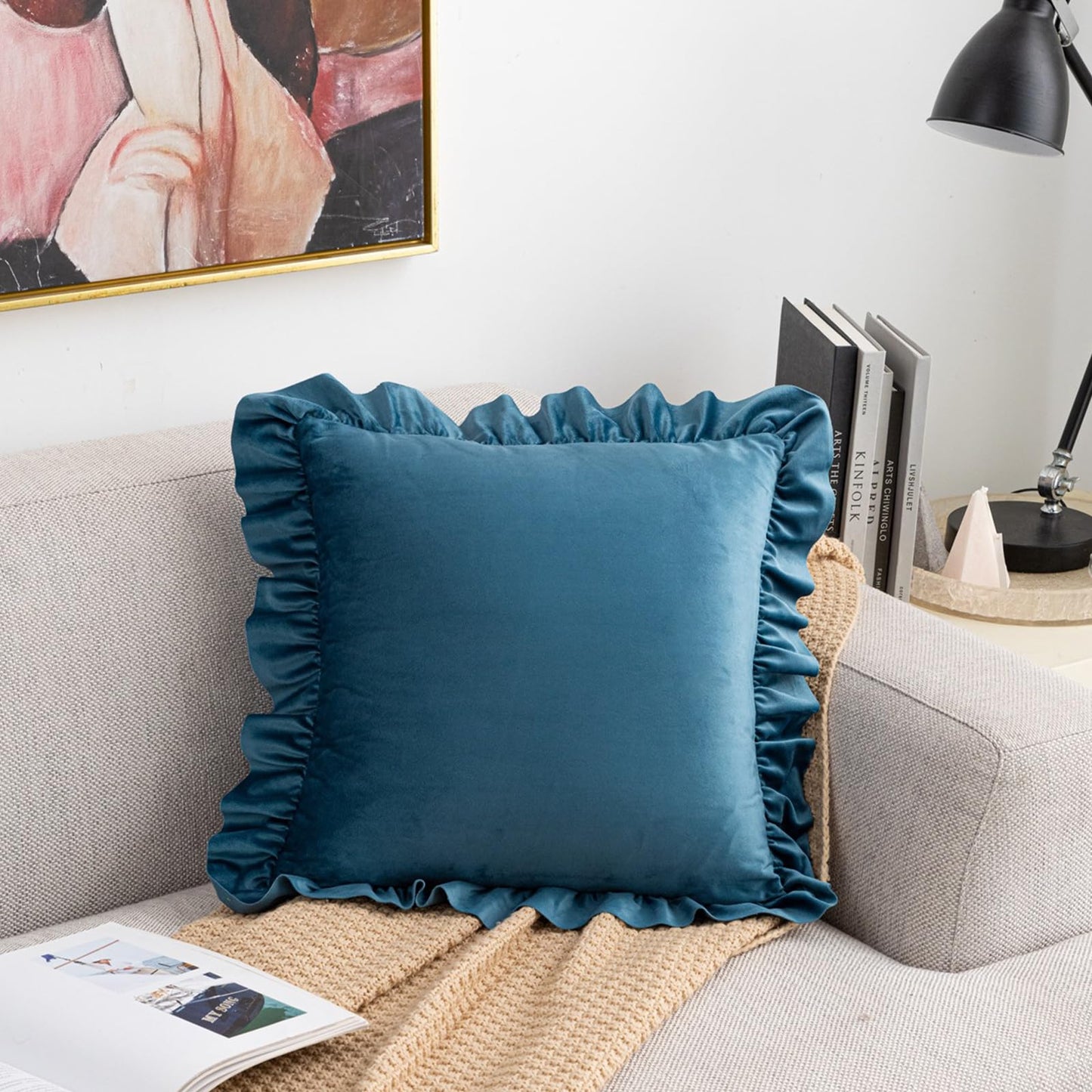 Ruffled Velvet Pillow Covers, Set of 2 — Teal Blue