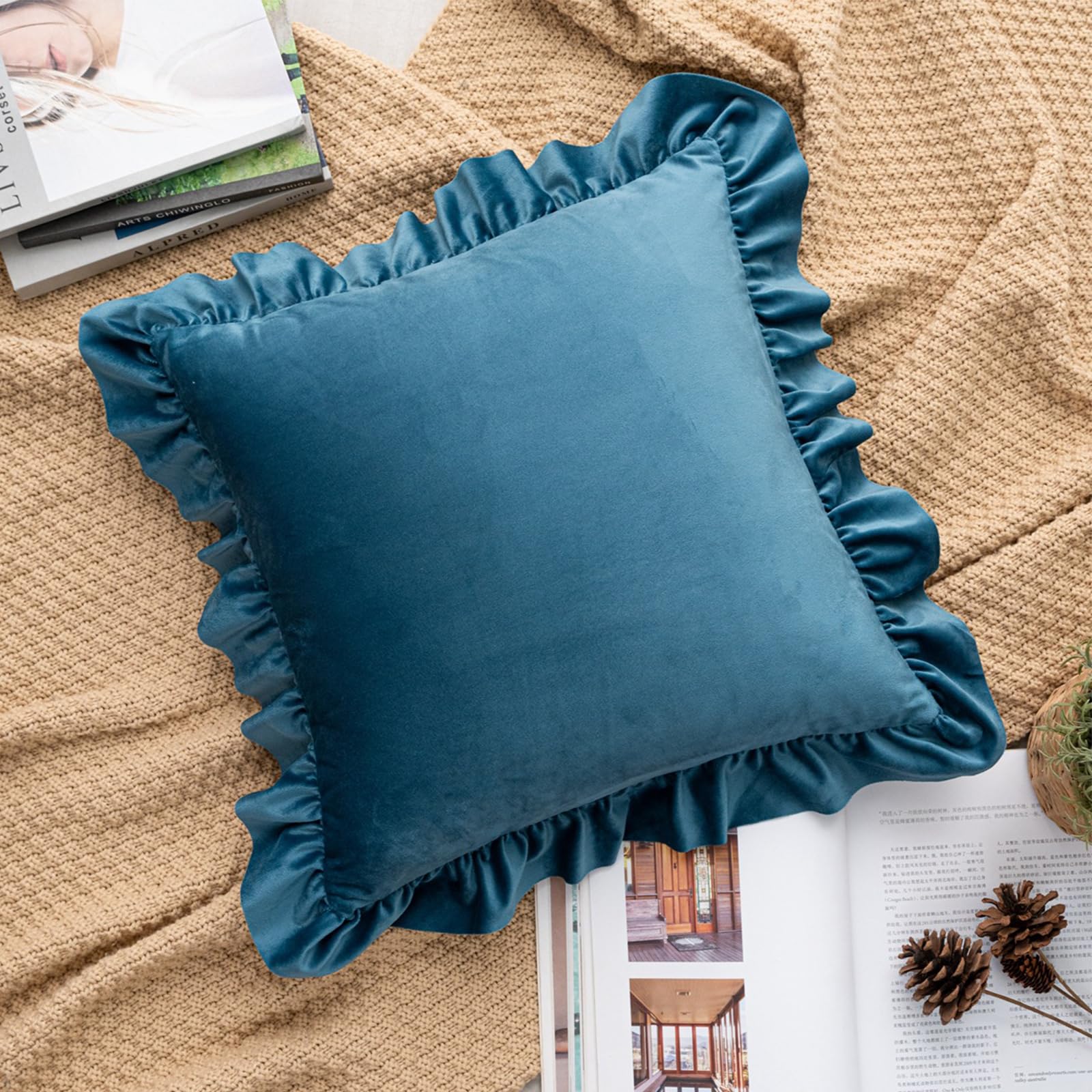Ruffled Velvet Pillow Covers, Set of 2 — Teal Blue