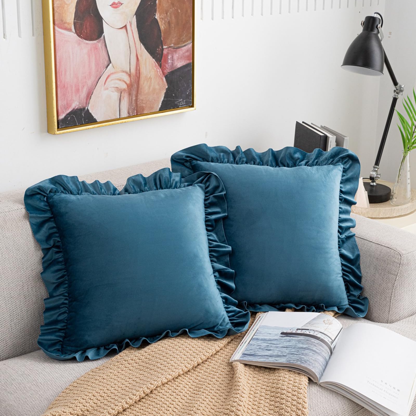 Ruffled Velvet Pillow Covers, Set of 2 — Teal Blue