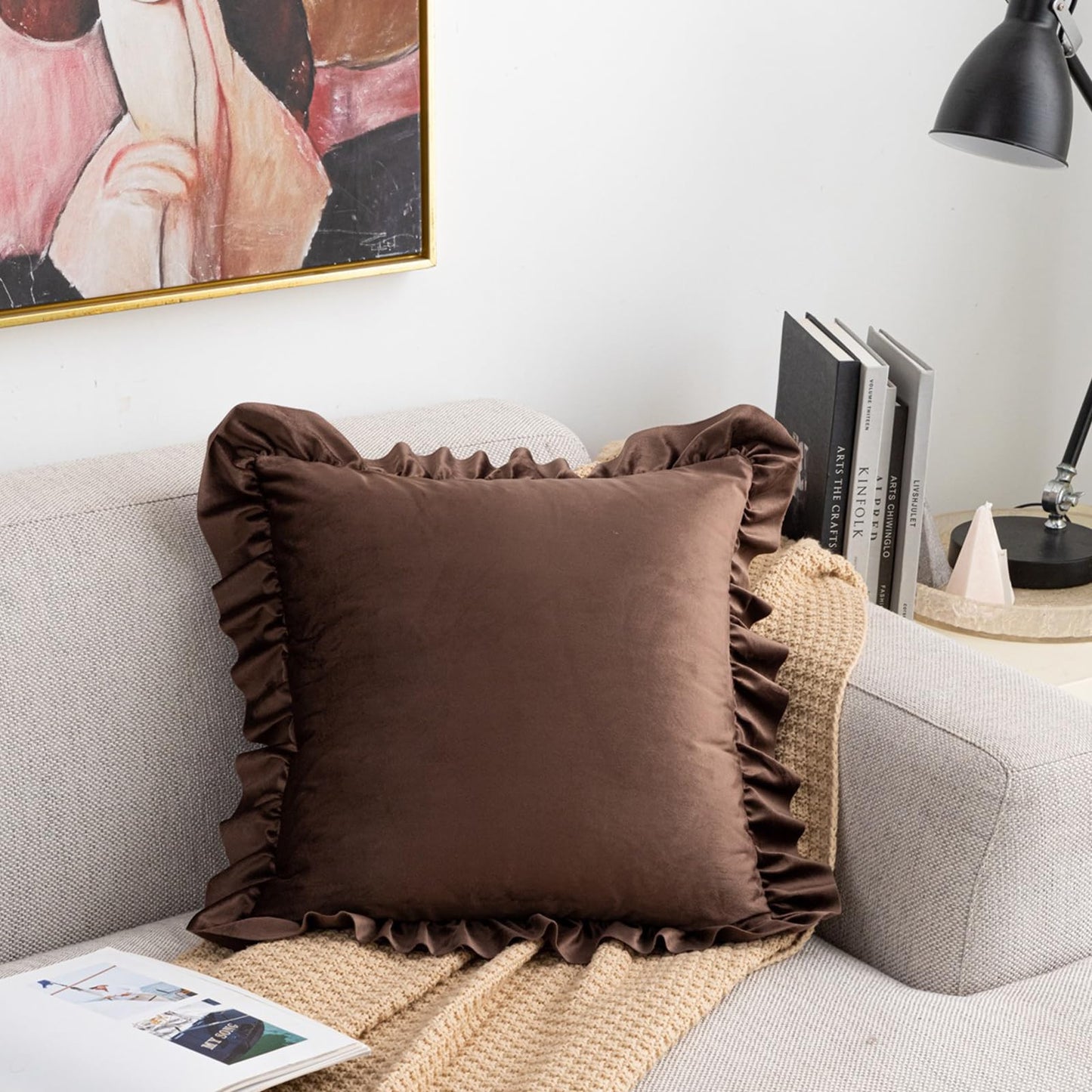 Ruffled Velvet Pillow Covers, Set of 2 — Chocolate