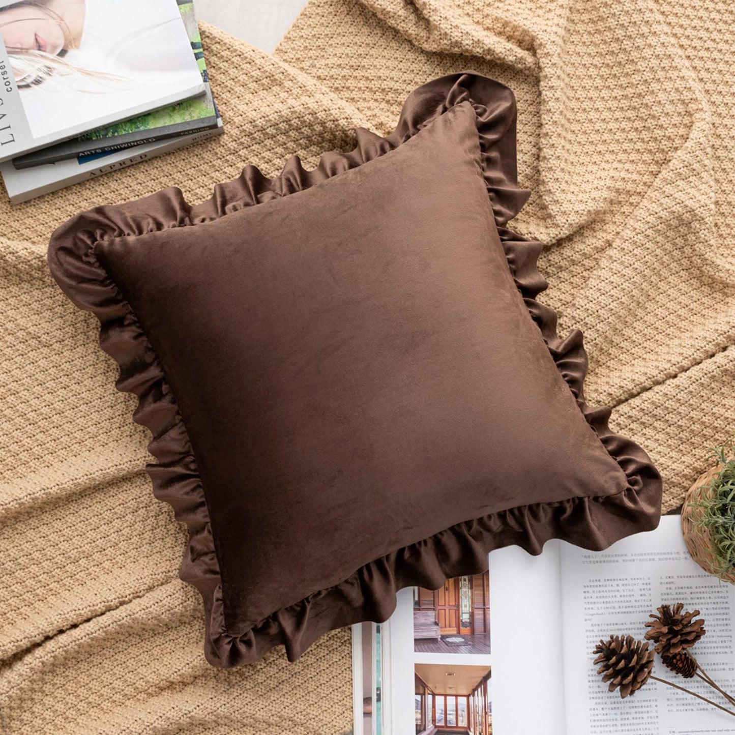 Ruffled Velvet Pillow Covers, Set of 2 — Chocolate