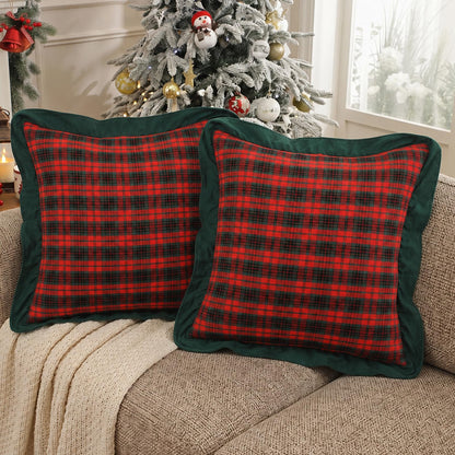 Ruffled Christmas Plaid Pillow Covers, Set of 2 — Red Black Tartan Green Edge