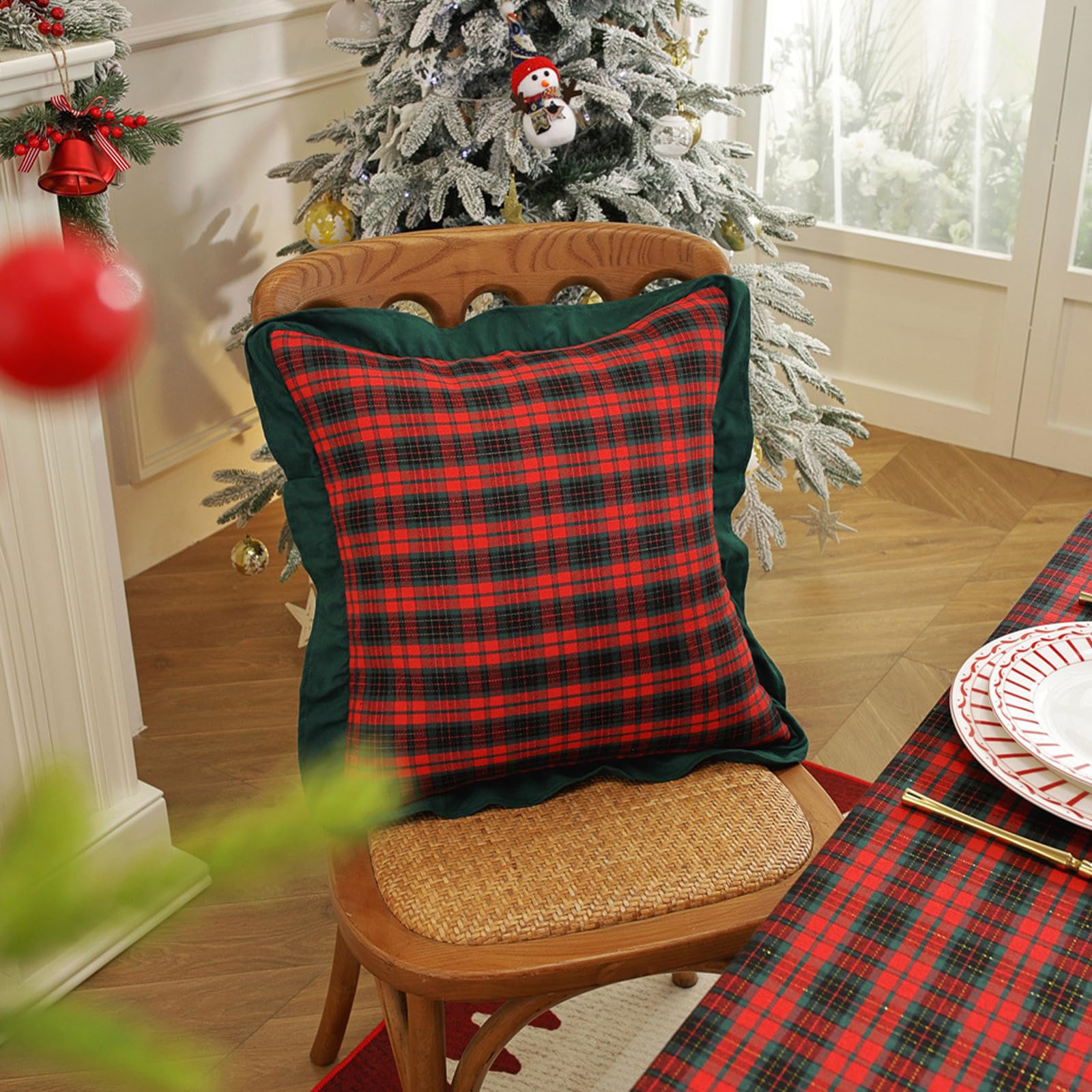 Ruffled Christmas Plaid Pillow Covers, Set of 2 — Red Black Tartan Green Edge