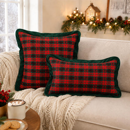 Ruffled Christmas Plaid Pillow Covers, Set of 2 — Red Black Tartan Green Edge