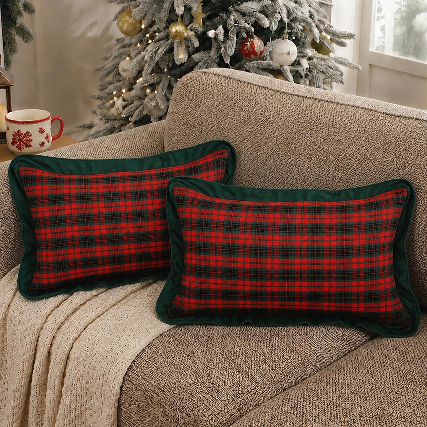 Ruffled Christmas Plaid Pillow Covers, Set of 2 — Red Black Tartan Green Edge