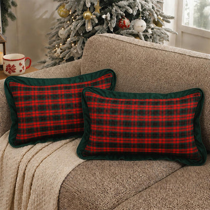 Ruffled Christmas Plaid Pillow Covers, Set of 2 — Red Black Tartan Green Edge