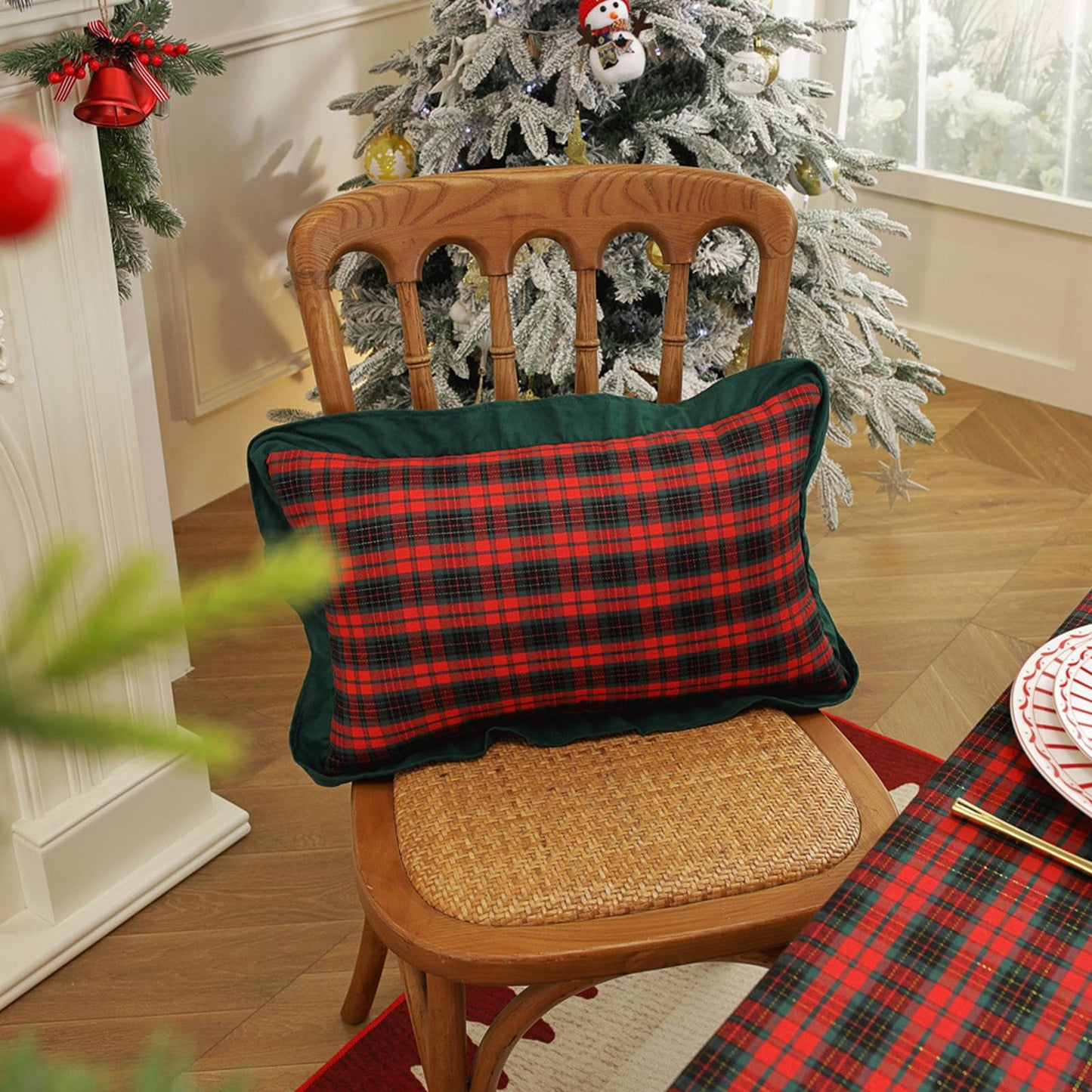 Ruffled Christmas Plaid Pillow Covers, Set of 2 — Red Black Tartan Green Edge