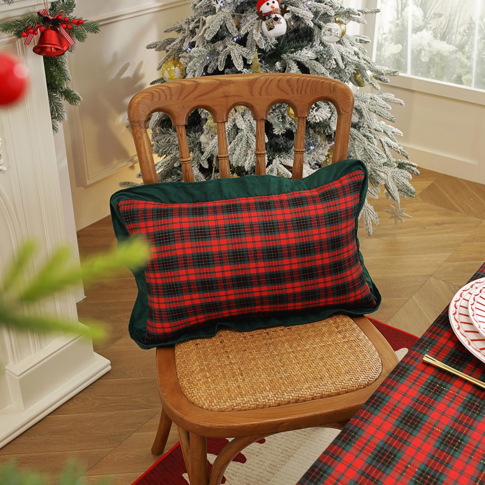 Ruffled Christmas Plaid Pillow Covers, Set of 2 — Red Black Tartan Green Edge