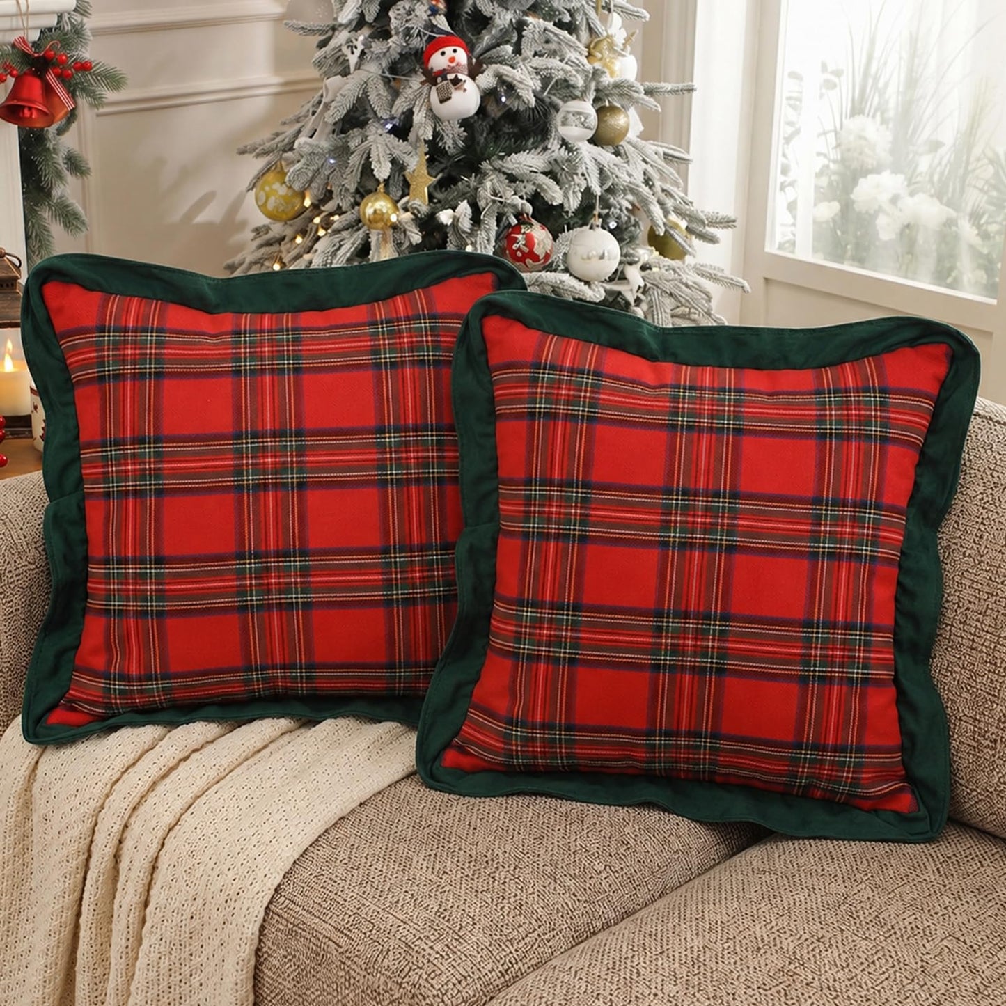 Ruffled Christmas Plaid Pillow Covers, Set of 2 — Red Plaid Green Edge